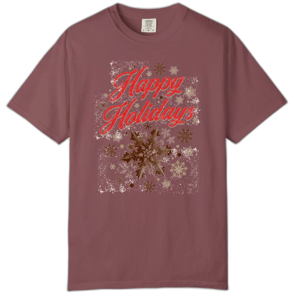 Happy Holidays Glitter Snowflake Design Comfort Color in Brick