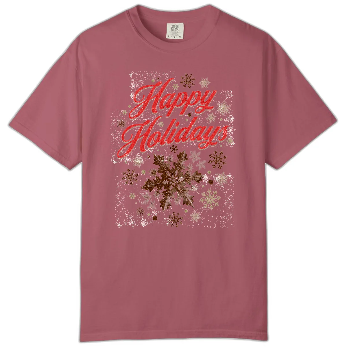 Happy Holidays Glitter Snowflake Design Comfort Color in Crimson