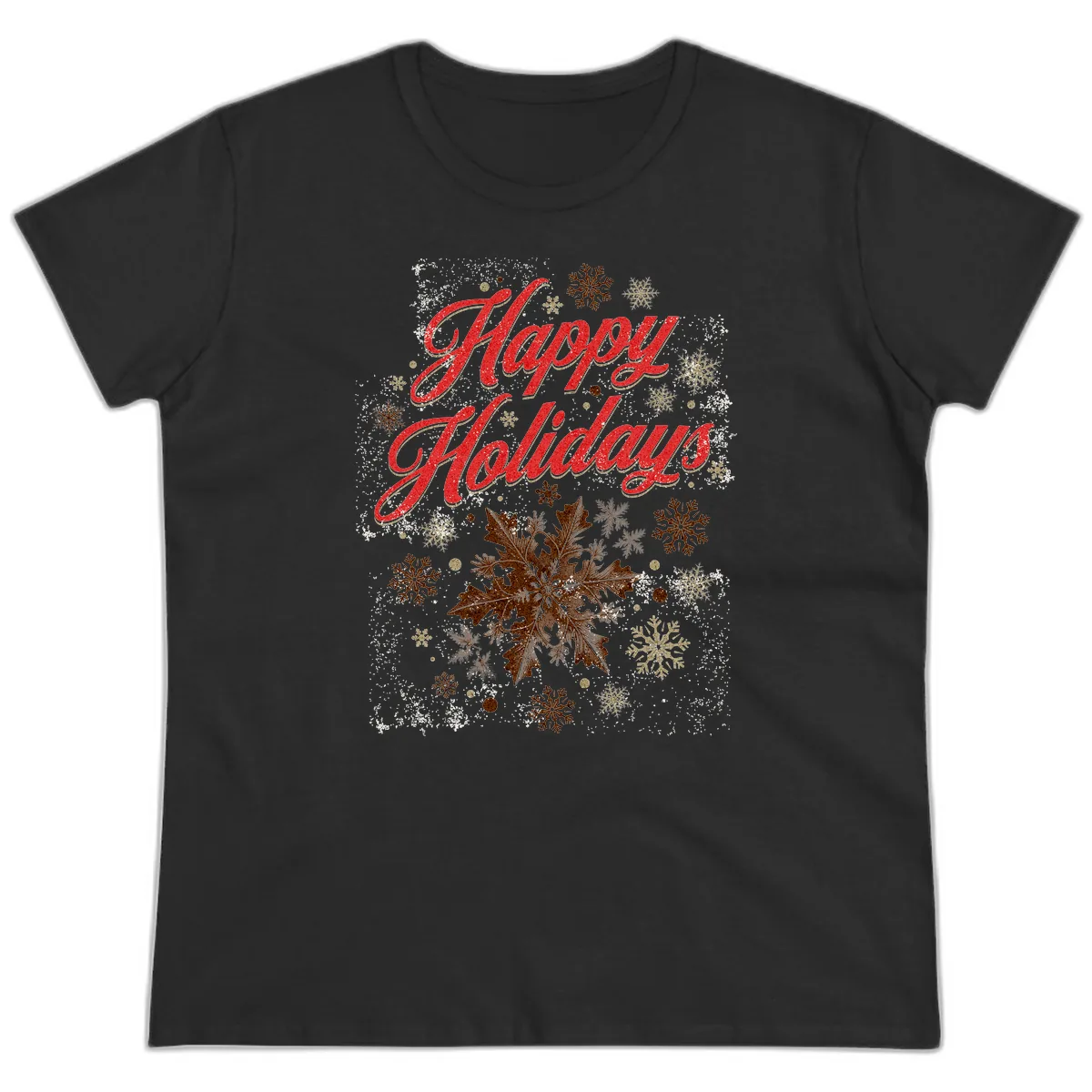 Happy Holidays Glitter Snowflake Design Ladies Tee in Black