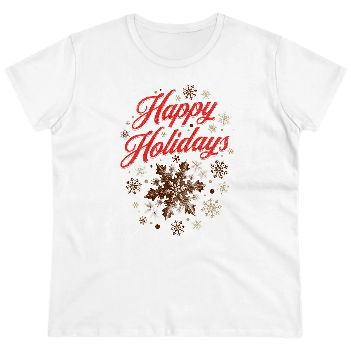 Happy Holidays Glitter Snowflake Design Ladies Tee in White
