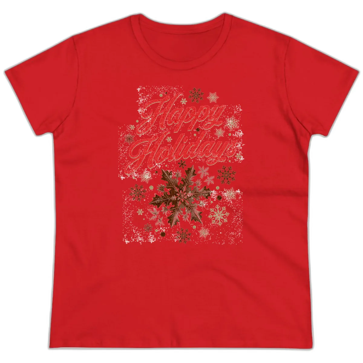 Happy Holidays Glitter Snowflake Design Ladies Tee in Red