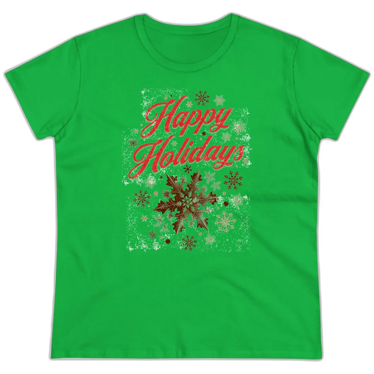 Happy Holidays Glitter Snowflake Design Ladies Tee in Irish Green