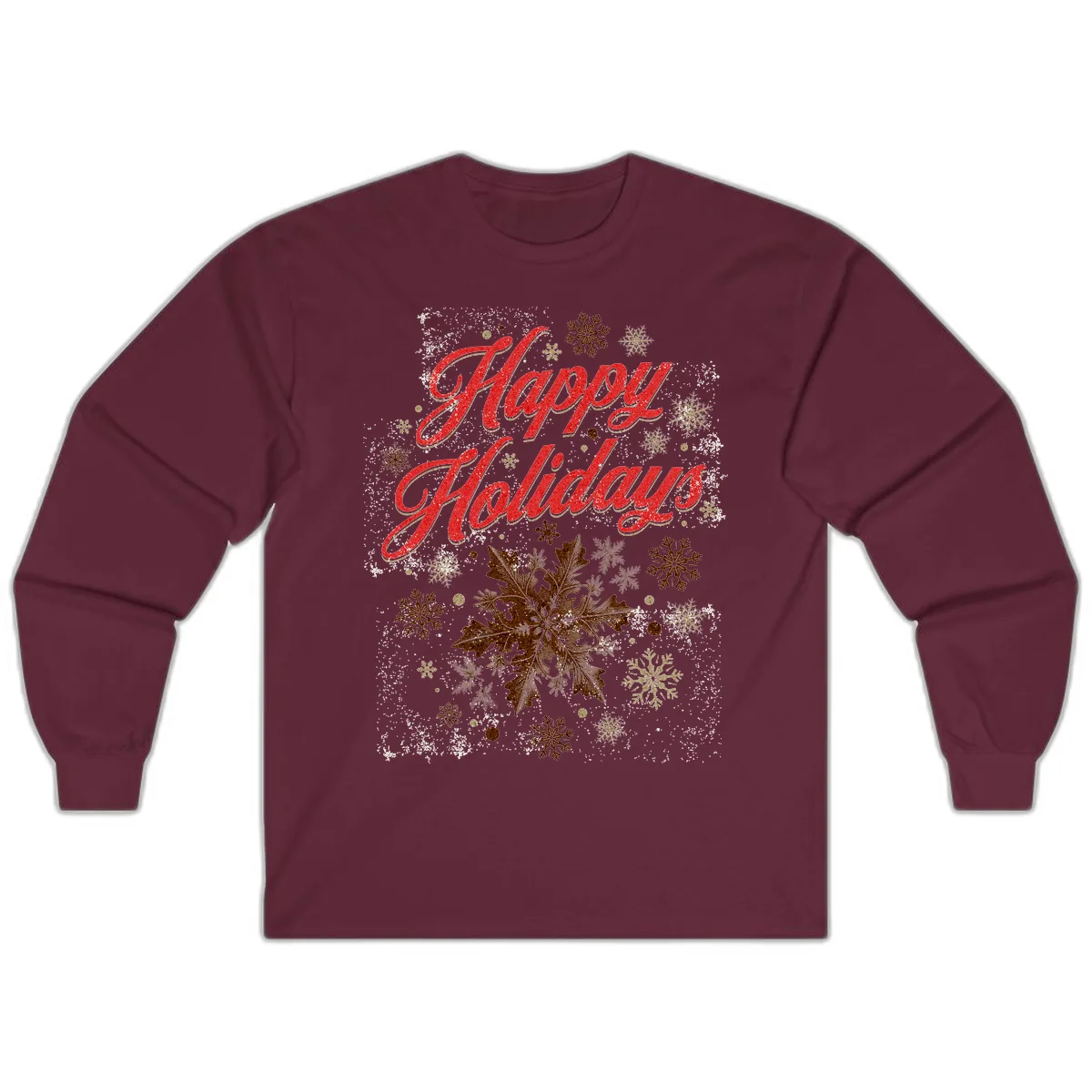 Happy Holidays Glitter Snowflake Design Long Sleeve in Maroon