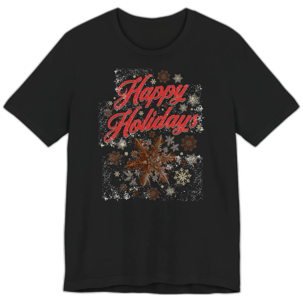 Happy Holidays Glitter Snowflake Design Premium T-Shirt in Black