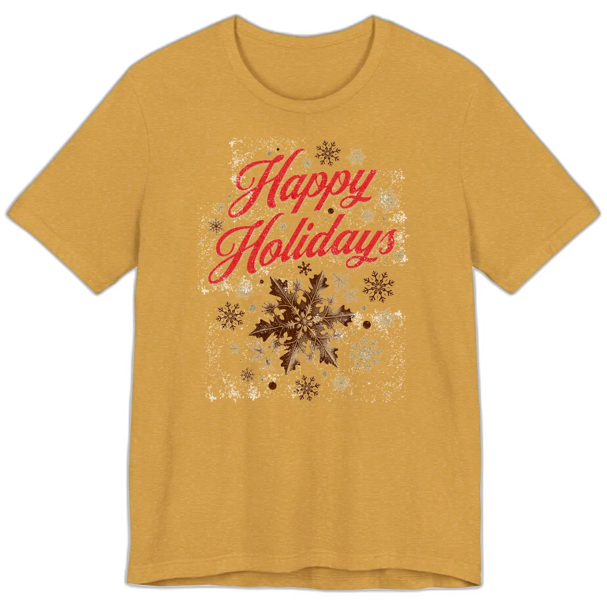 Happy Holidays Glitter Snowflake Design Premium T-Shirt in Heather Mustard