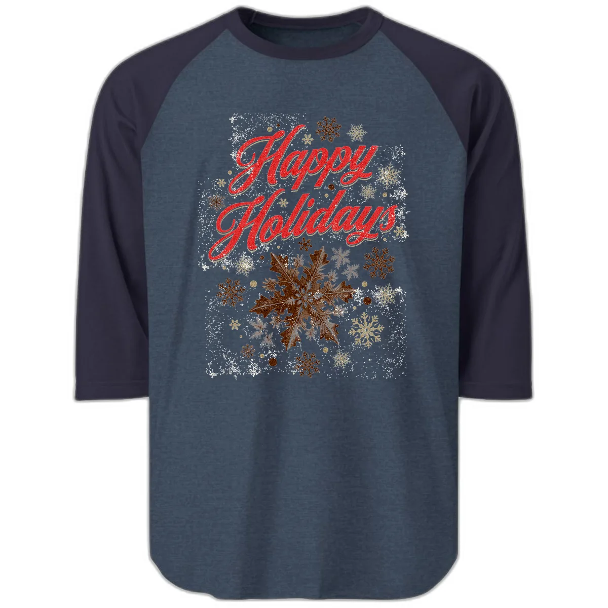 Happy Holidays Glitter Snowflake Design Raglan 3/4 in Heather Denim Navy