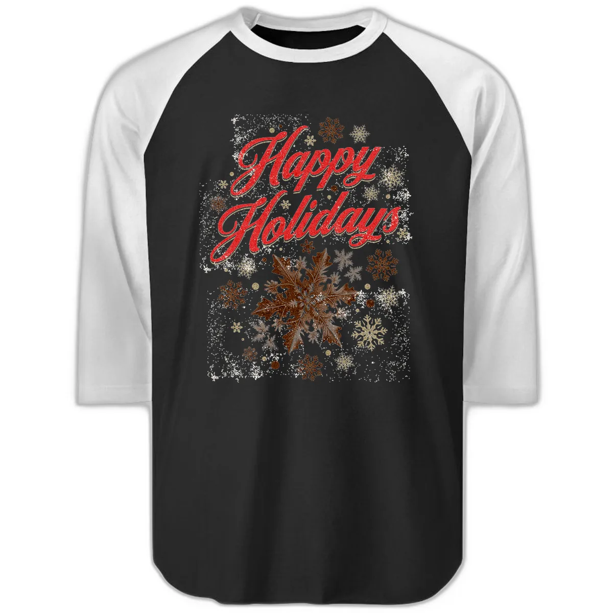 Happy Holidays Glitter Snowflake Design Raglan 3/4 in Black White