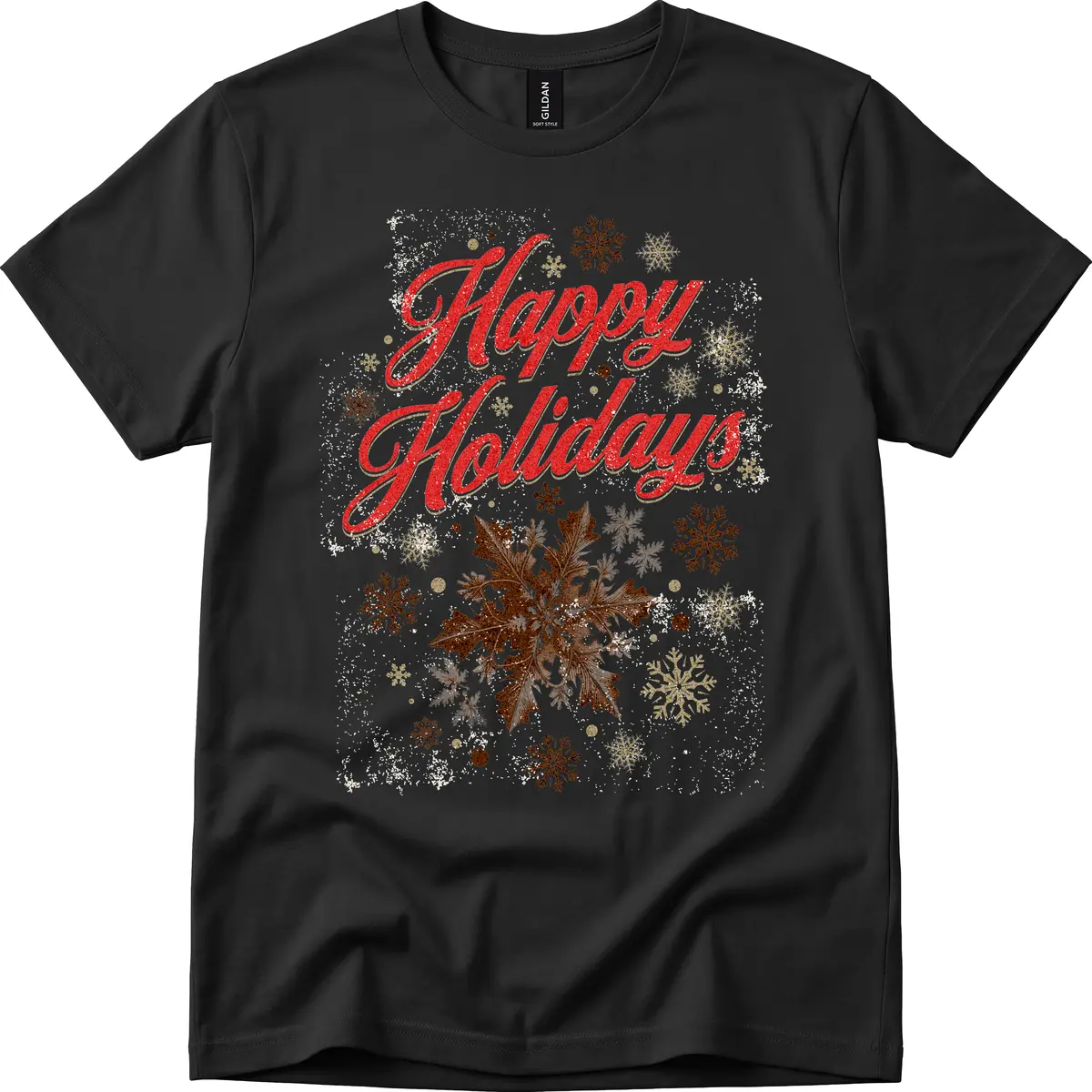 Happy Holidays Glitter Snowflake Design T-Shirt in Black