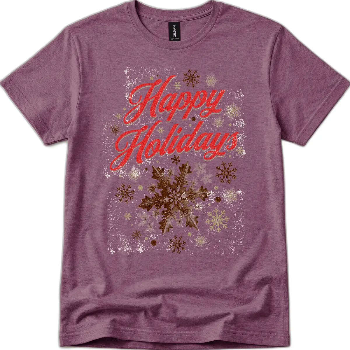 Happy Holidays Glitter Snowflake Design T-Shirt in Heather Maroon