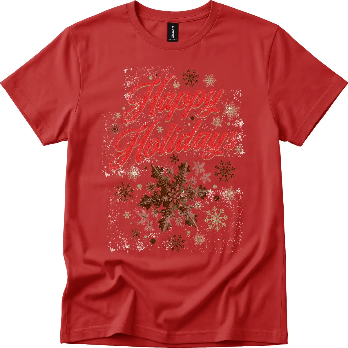 Happy Holidays Glitter Snowflake Design T-Shirt in Red