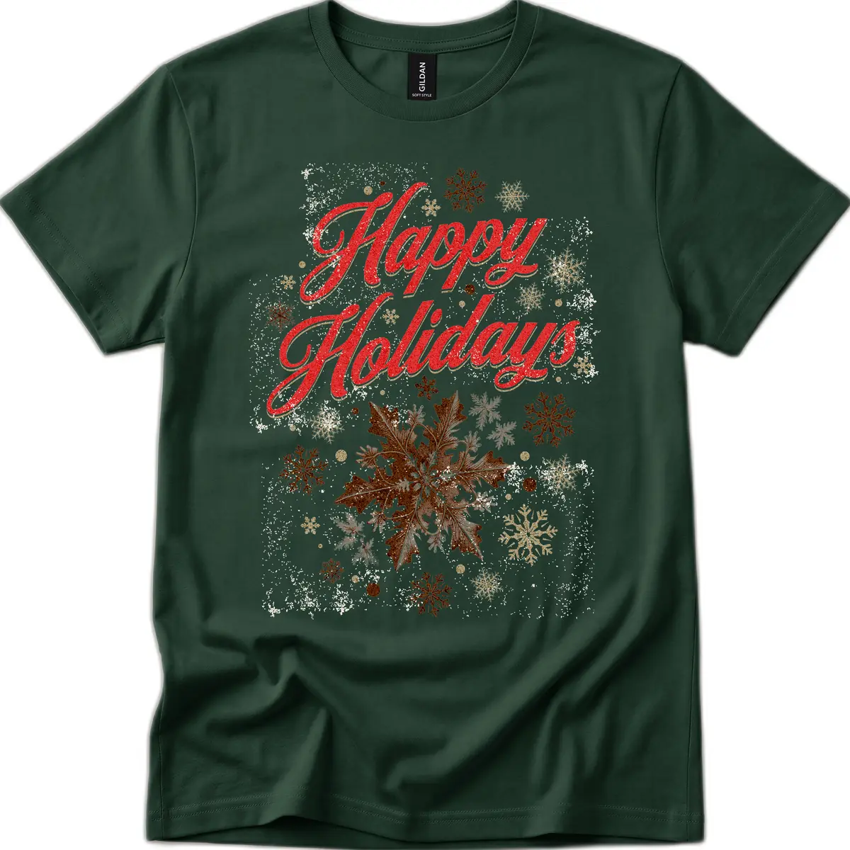 Happy Holidays Glitter Snowflake Design T-Shirt in Forest Green