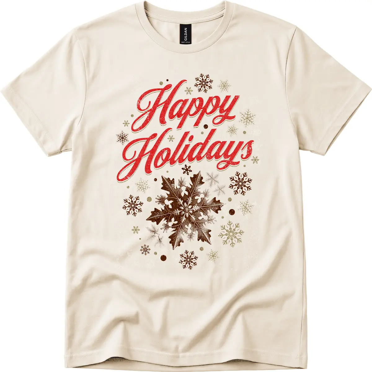 Happy Holidays Glitter Snowflake Design T-Shirt in Natural