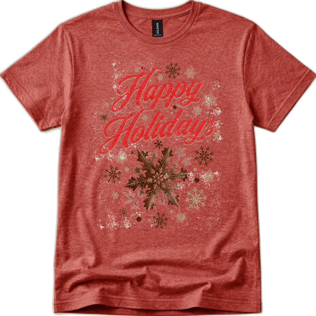 Happy Holidays Glitter Snowflake Design T-Shirt in Heather Cardinal