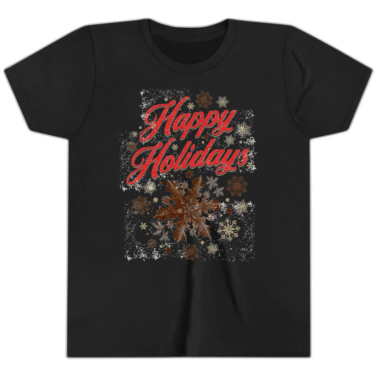 Happy Holidays Glitter Snowflake Design Youth T-Shirt in Black