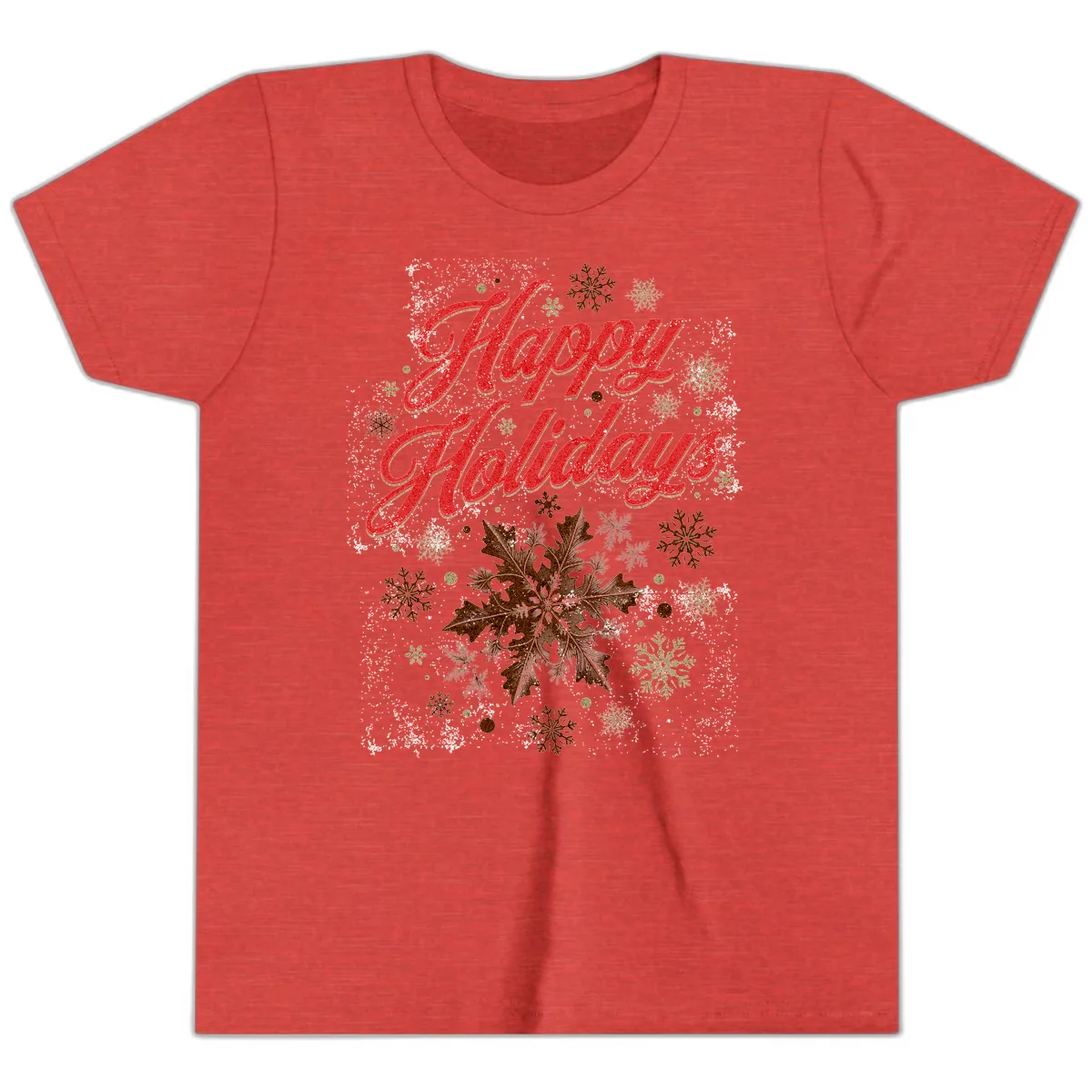 Happy Holidays Glitter Snowflake Design Youth T-Shirt in Heather Red