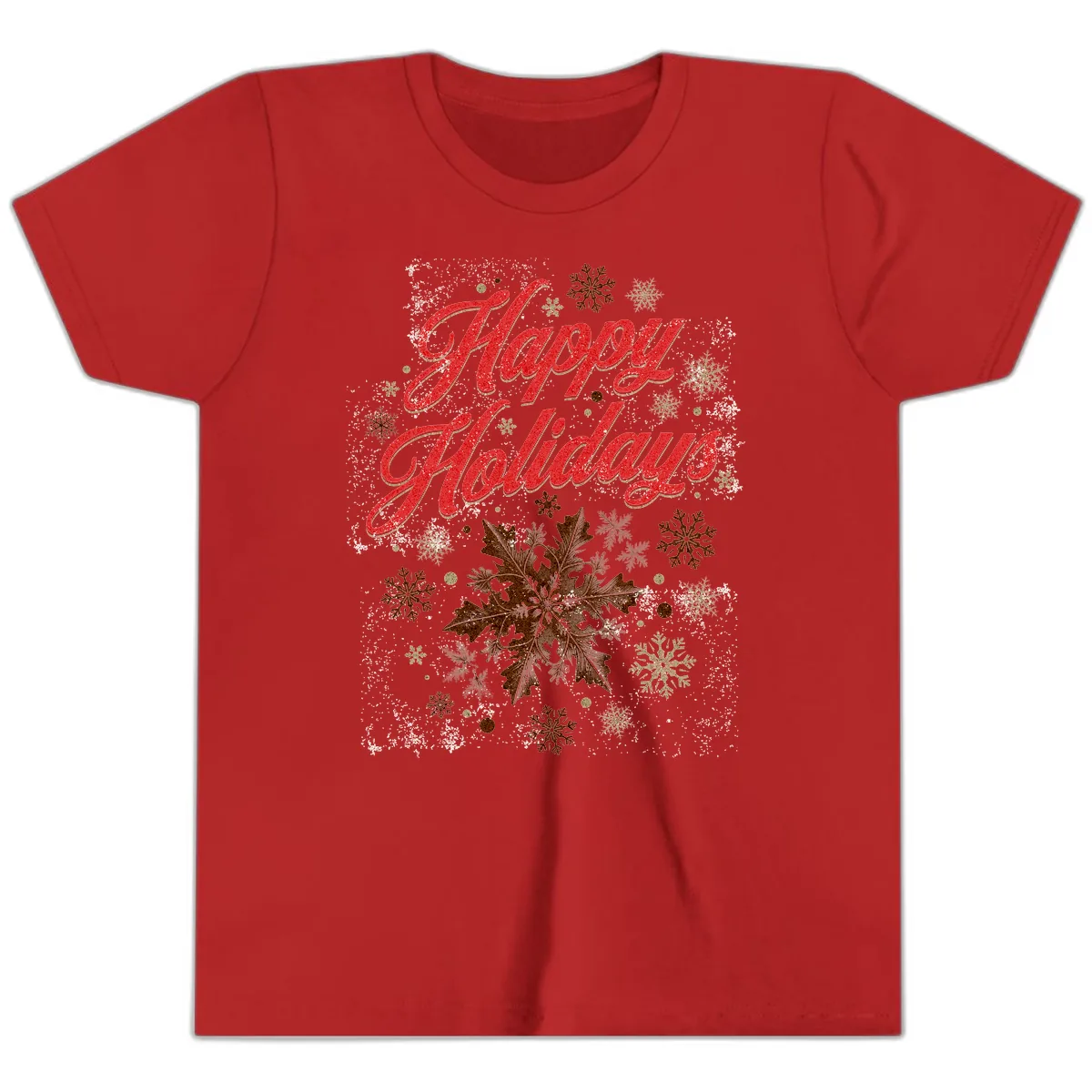 Happy Holidays Glitter Snowflake Design Youth T-Shirt in Red