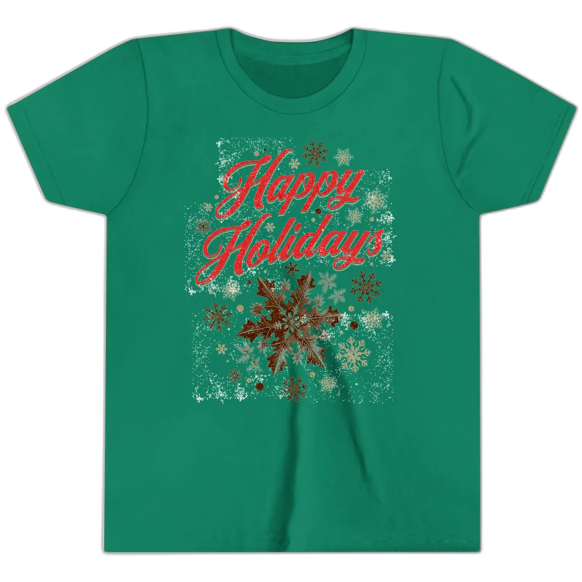 Happy Holidays Glitter Snowflake Design Youth T-Shirt in Kelly