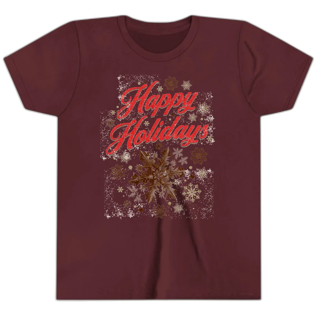 Happy Holidays Glitter Snowflake Design Youth T-Shirt in Maroon