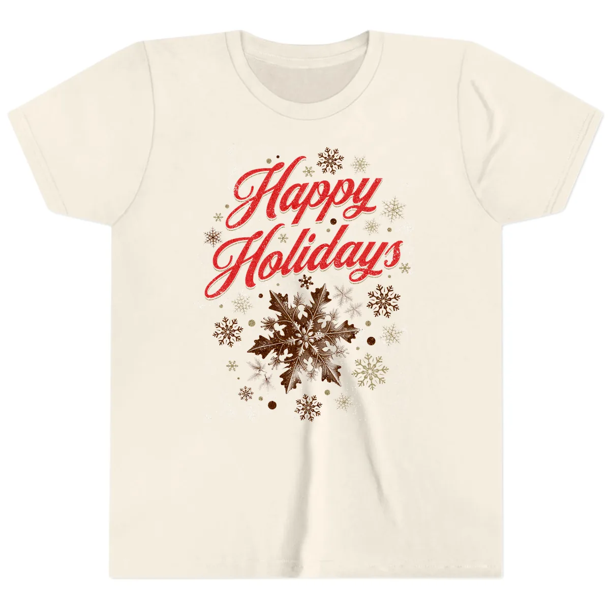 Happy Holidays Glitter Snowflake Design Youth T-Shirt in Natural