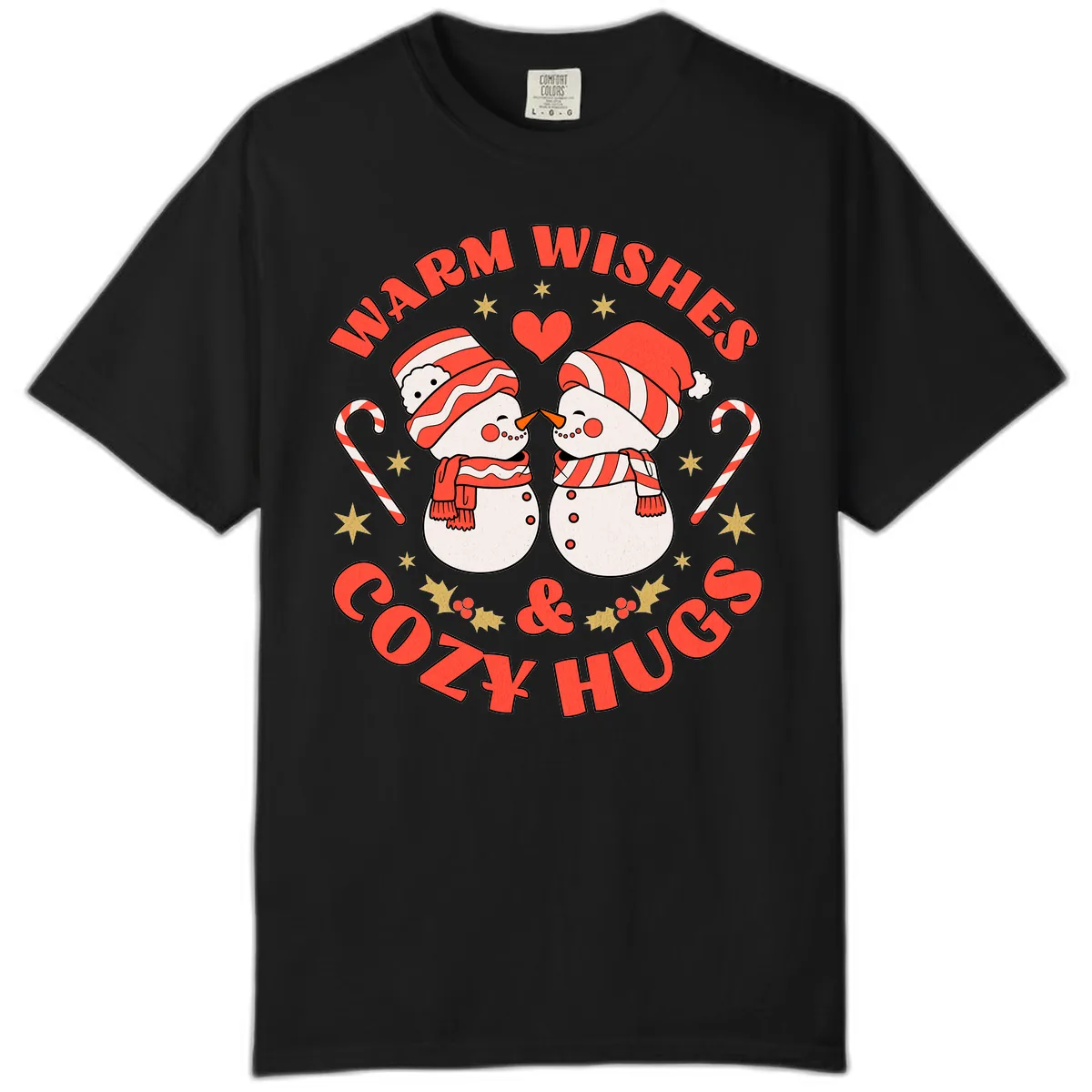 Snowmen Kissing Warm Wishes Cozy Hugs Comfort Color in Black