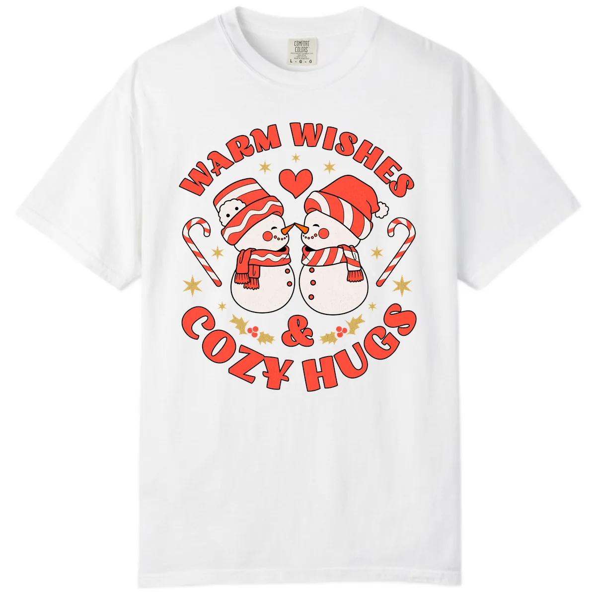 Snowmen Kissing Warm Wishes Cozy Hugs Comfort Color in White