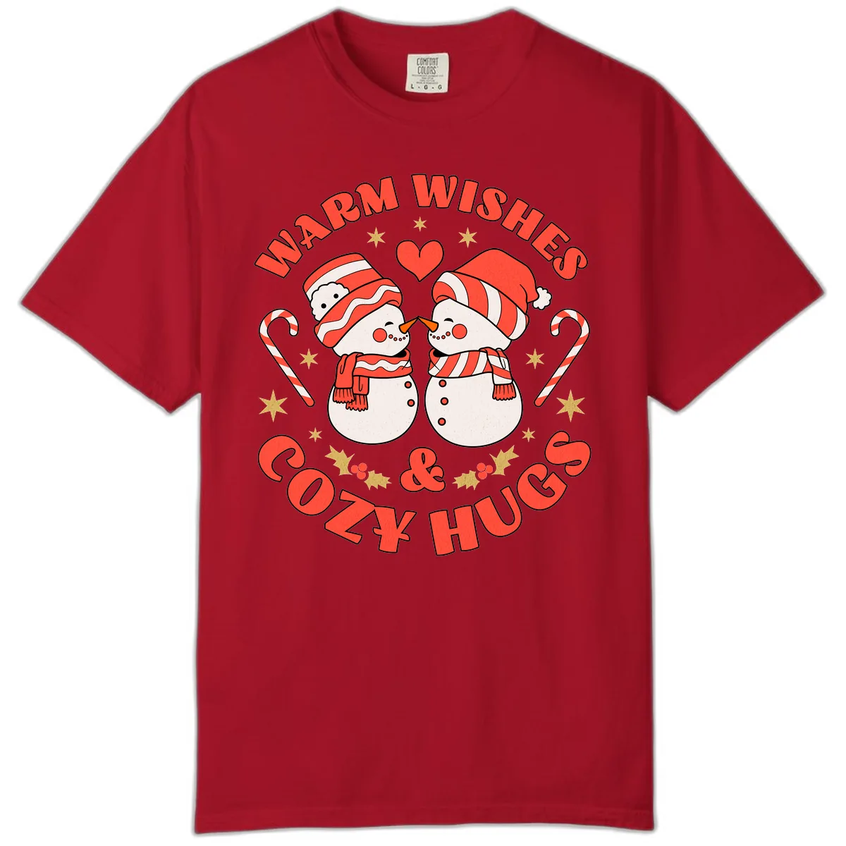 Snowmen Kissing Warm Wishes Cozy Hugs Comfort Color in Red