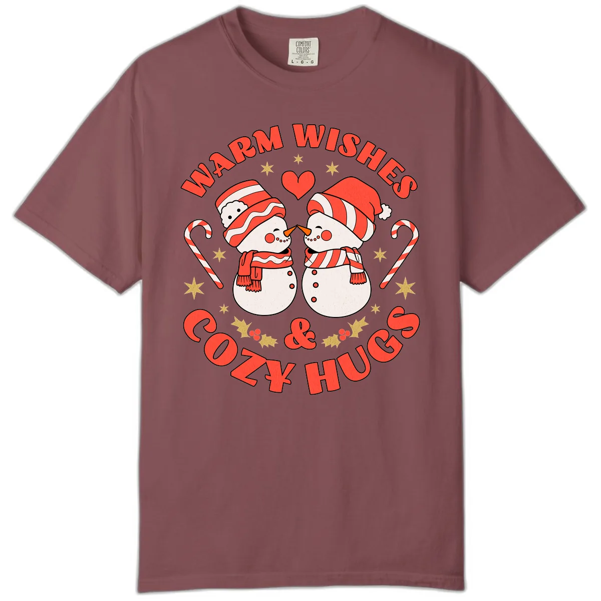 Snowmen Kissing Warm Wishes Cozy Hugs Comfort Color in Brick