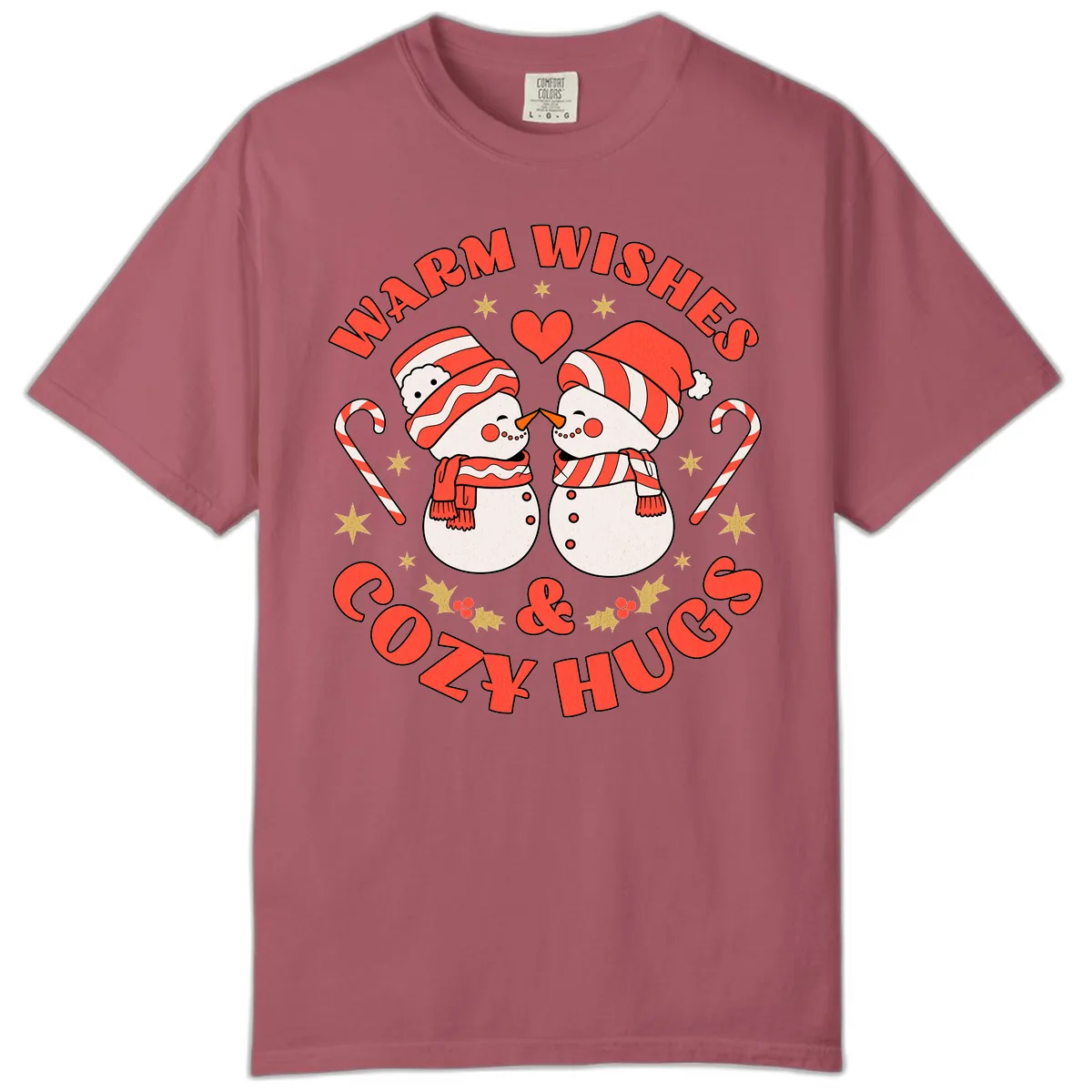 Snowmen Kissing Warm Wishes Cozy Hugs Comfort Color in Crimson