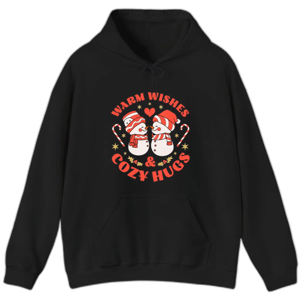 Snowmen Kissing Warm Wishes Cozy Hugs Hoodie in Black