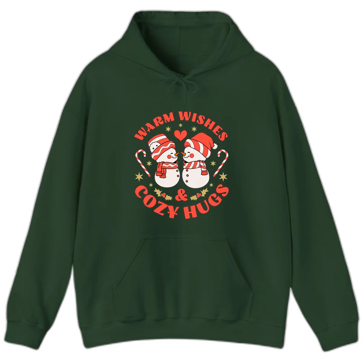 Snowmen Kissing Warm Wishes Cozy Hugs Hoodie in Forest Green