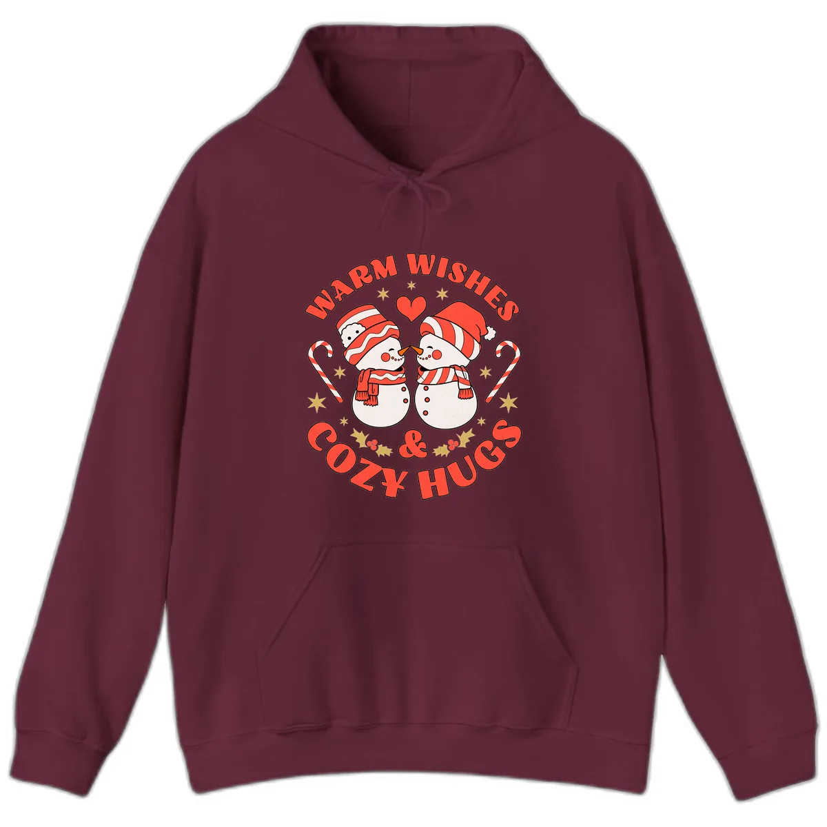 Snowmen Kissing Warm Wishes Cozy Hugs Hoodie in Maroon