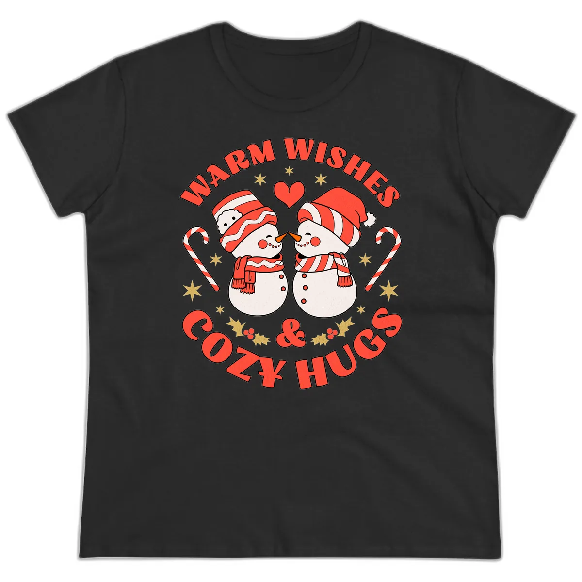 Snowmen Kissing Warm Wishes Cozy Hugs Ladies Tee in Black