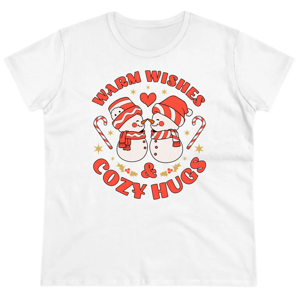 Snowmen Kissing Warm Wishes Cozy Hugs Ladies Tee in White