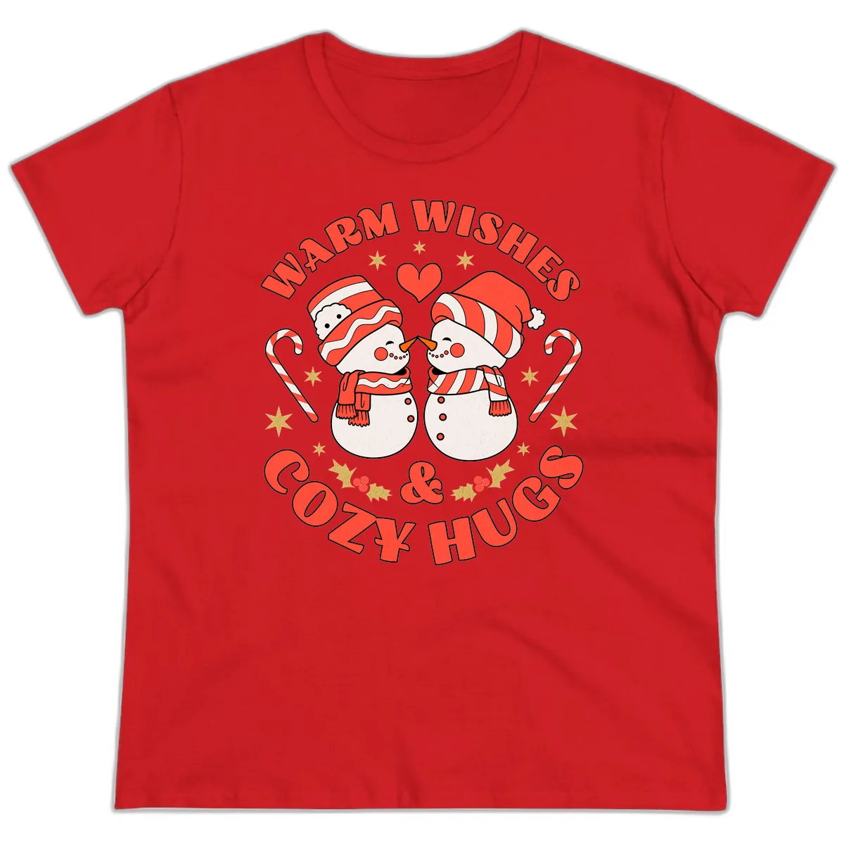 Snowmen Kissing Warm Wishes Cozy Hugs Ladies Tee in Red