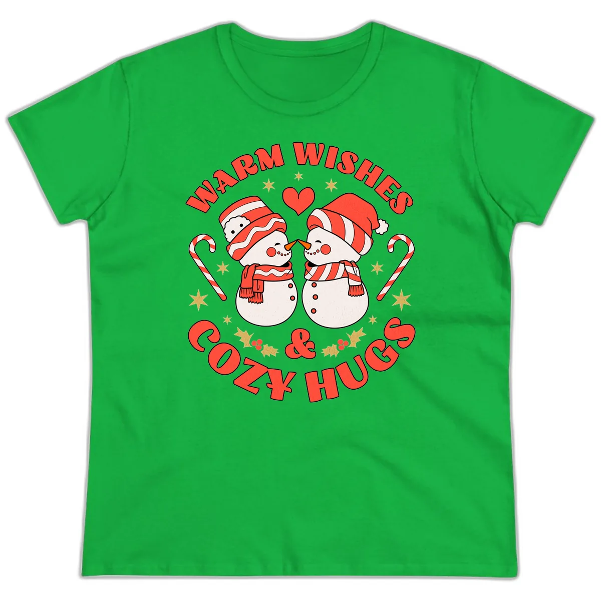 Snowmen Kissing Warm Wishes Cozy Hugs Ladies Tee in Irish Green