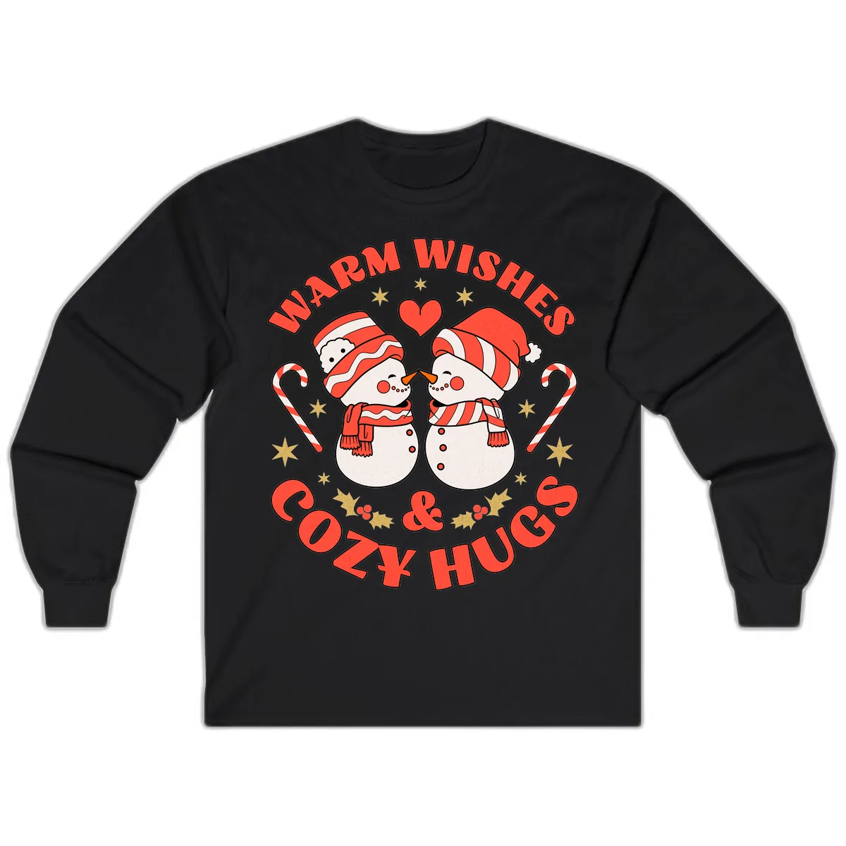 Snowmen Kissing Warm Wishes Cozy Hugs Long Sleeve in Black