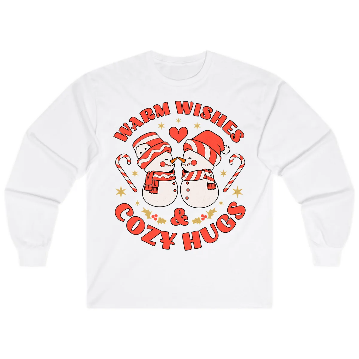 Snowmen Kissing Warm Wishes Cozy Hugs Long Sleeve in White