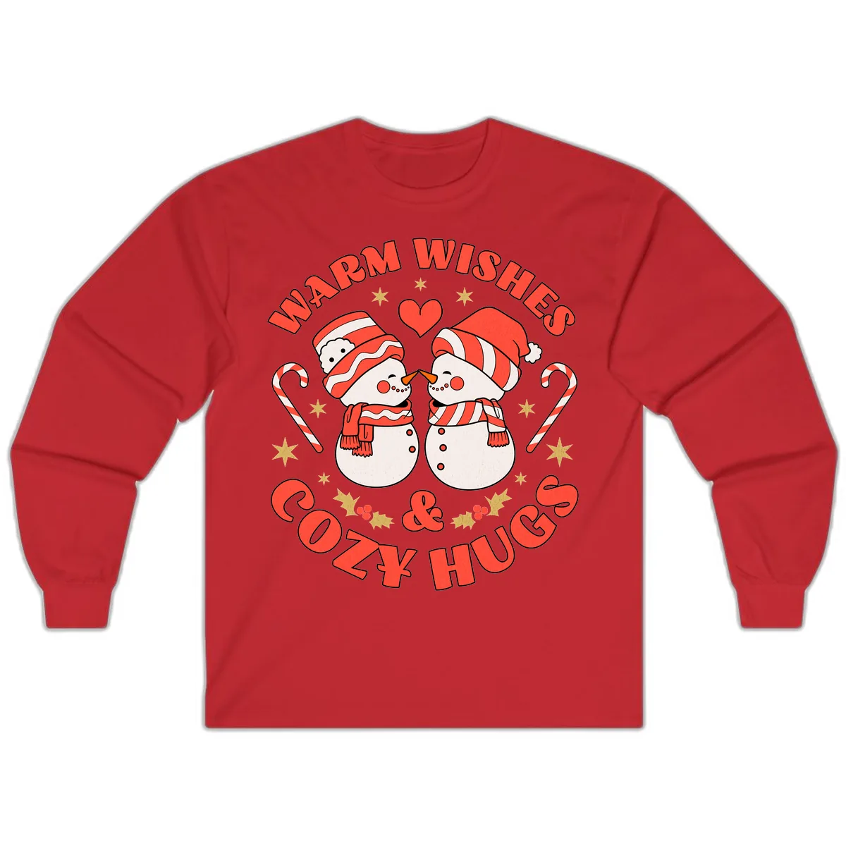 Snowmen Kissing Warm Wishes Cozy Hugs Long Sleeve in Red