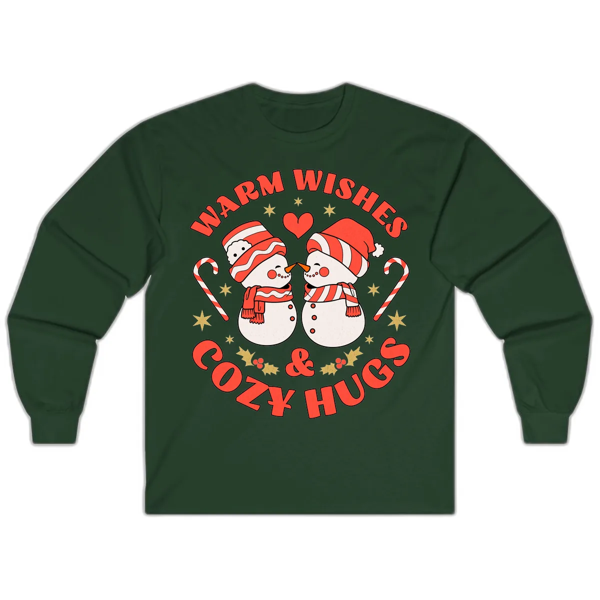 Snowmen Kissing Warm Wishes Cozy Hugs Long Sleeve in Forest Green