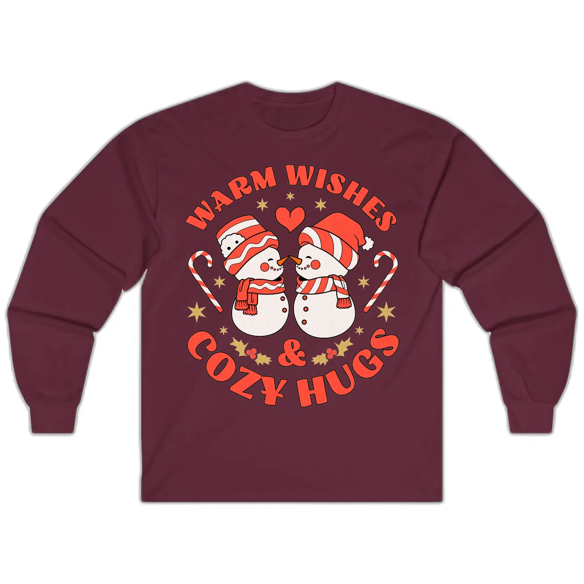 Snowmen Kissing Warm Wishes Cozy Hugs Long Sleeve in Maroon