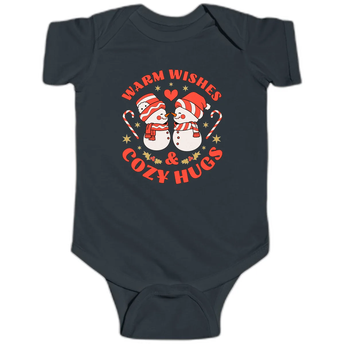 Snowmen Kissing Warm Wishes Cozy Hugs Baby Onesie in Black
