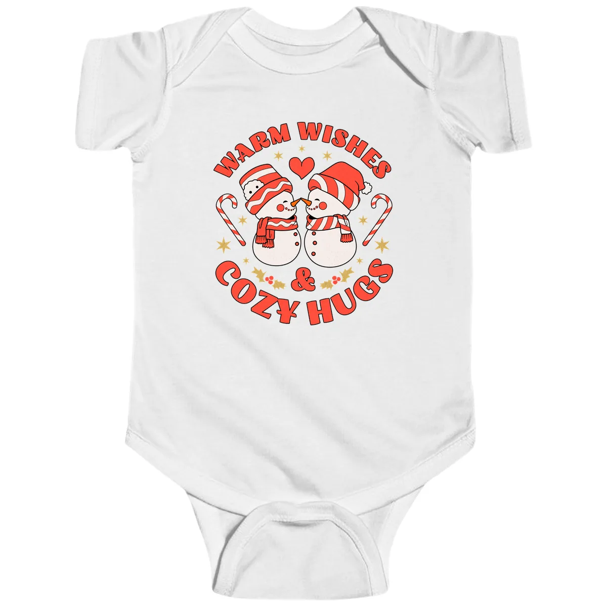 Snowmen Kissing Warm Wishes Cozy Hugs Baby Onesie in White