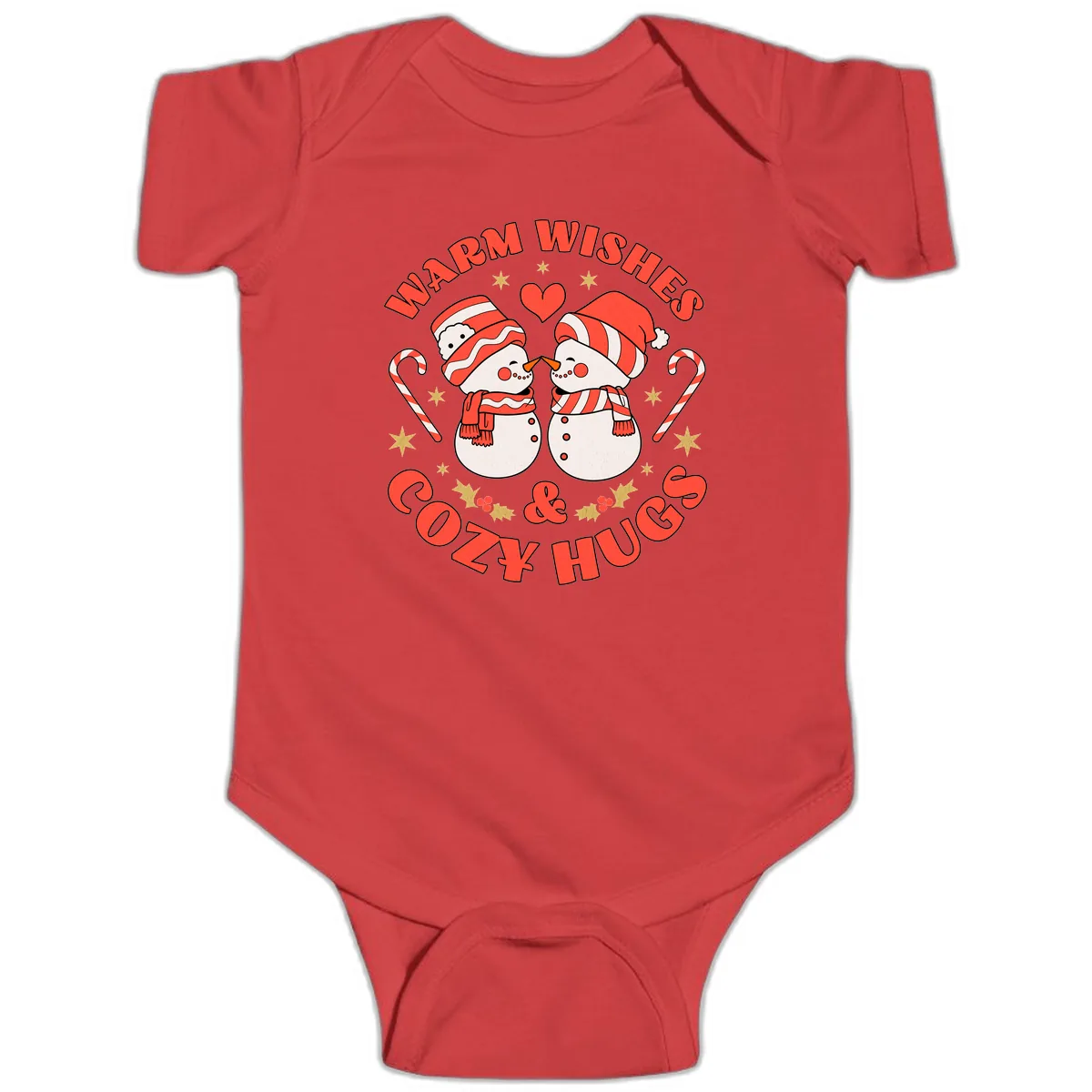 Snowmen Kissing Warm Wishes Cozy Hugs Baby Onesie in Red