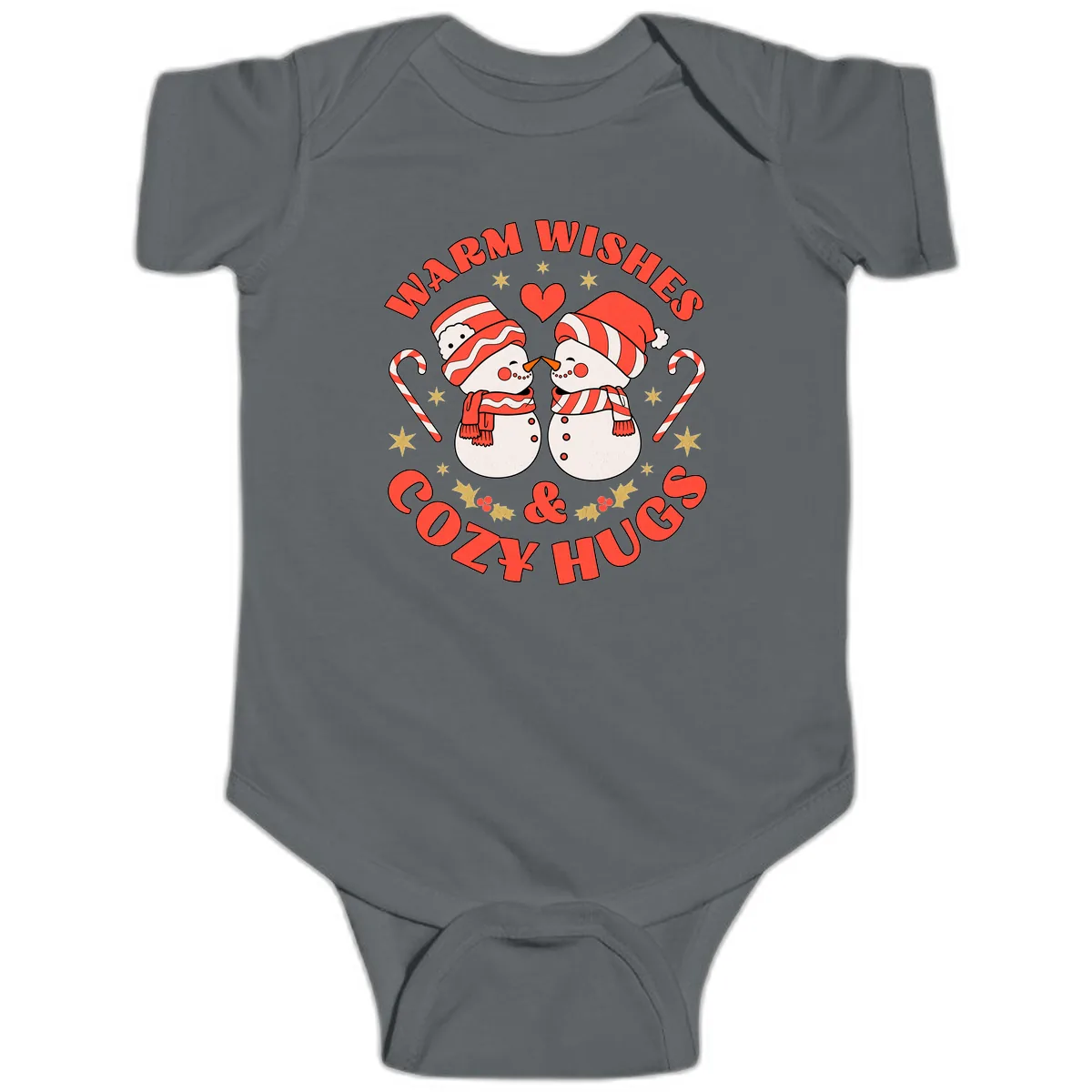 Snowmen Kissing Warm Wishes Cozy Hugs Baby Onesie in Charcoal