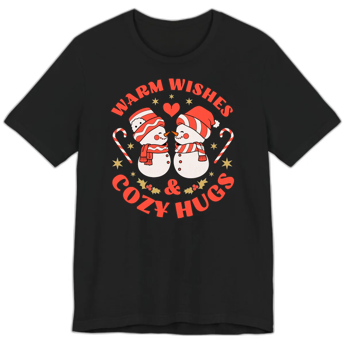 Snowmen Kissing Warm Wishes Cozy Hugs Premium T-Shirt in Black