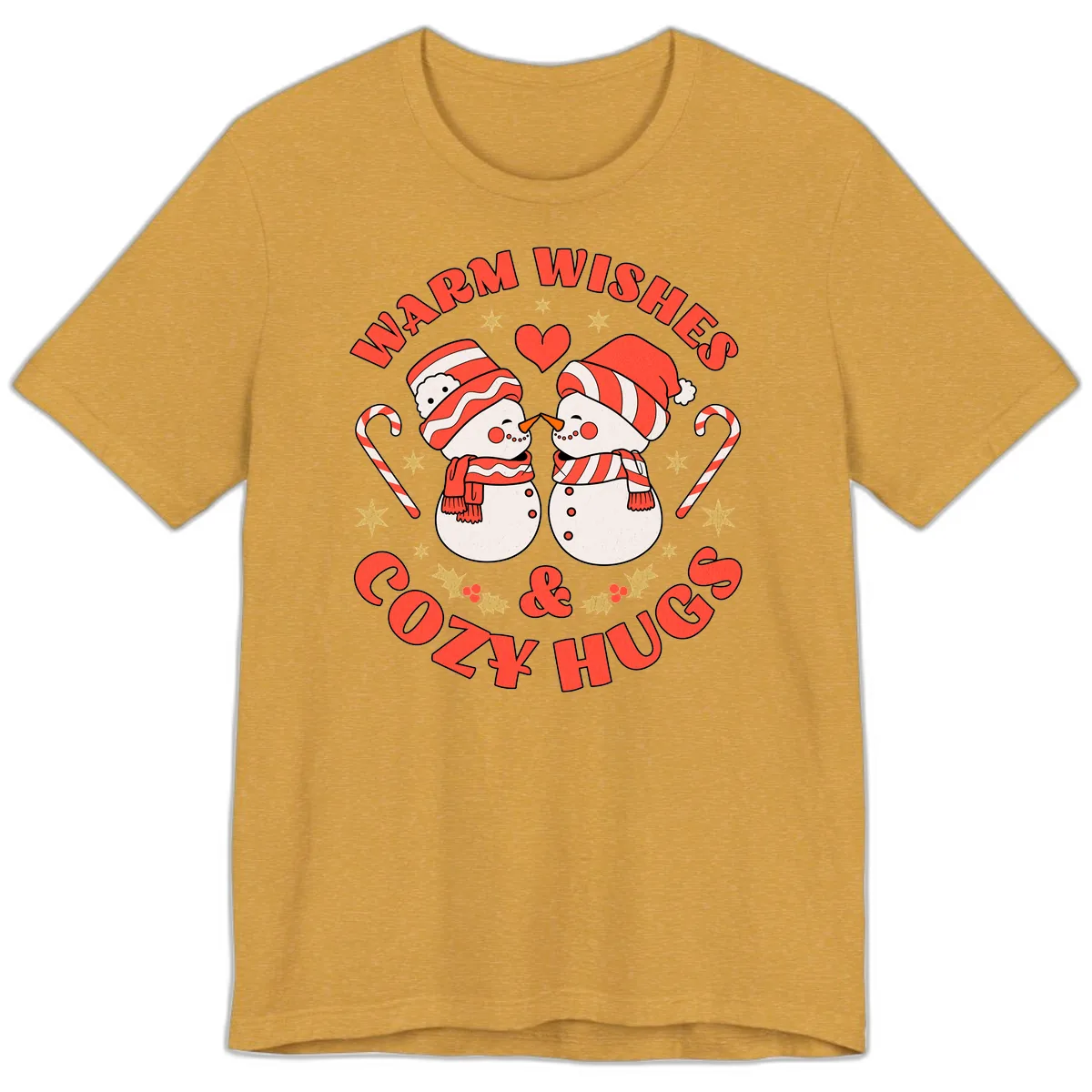 Snowmen Kissing Warm Wishes Cozy Hugs Premium T-Shirt in Heather Mustard