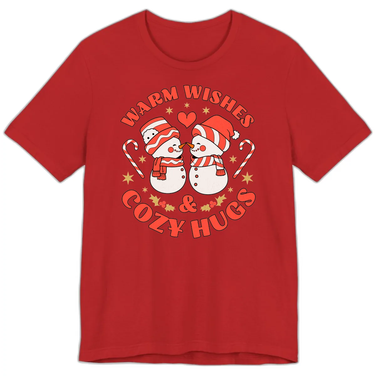 Snowmen Kissing Warm Wishes Cozy Hugs Premium T-Shirt in Red