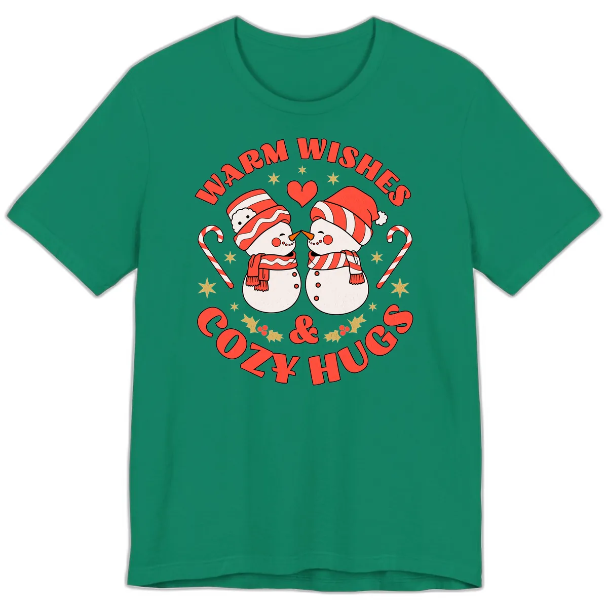 Snowmen Kissing Warm Wishes Cozy Hugs Premium T-Shirt in Kelly