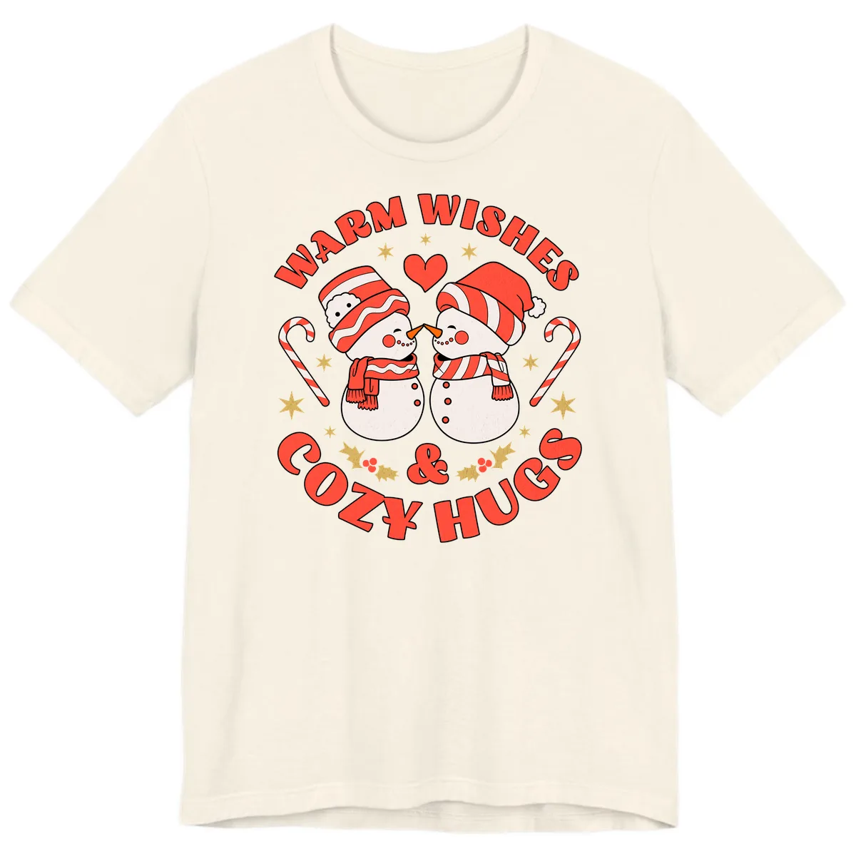 Snowmen Kissing Warm Wishes Cozy Hugs Premium T-Shirt in Natural