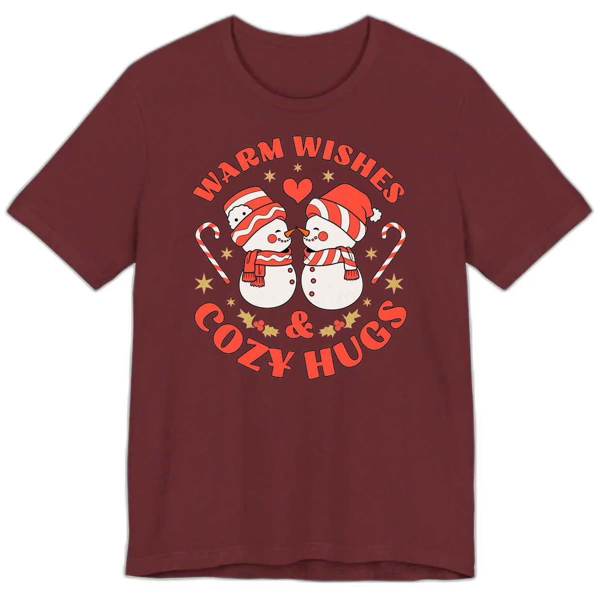 Snowmen Kissing Warm Wishes Cozy Hugs Premium T-Shirt in Heather Cardinal